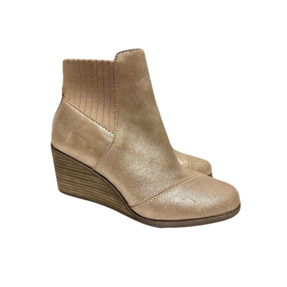 TOMS Womens Size 7.5 Rose Gold Shimmer Metallic Leather Sadie Wedge Bootie EUC - Picture 1 of 8